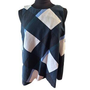 Ann Taylor Geometric Sleeveless Blouse Linen/Cotton Navy & White, Size Medium